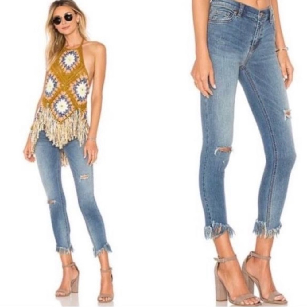 Free People High Rise Acid Washed Cropped Fringe Denim 28